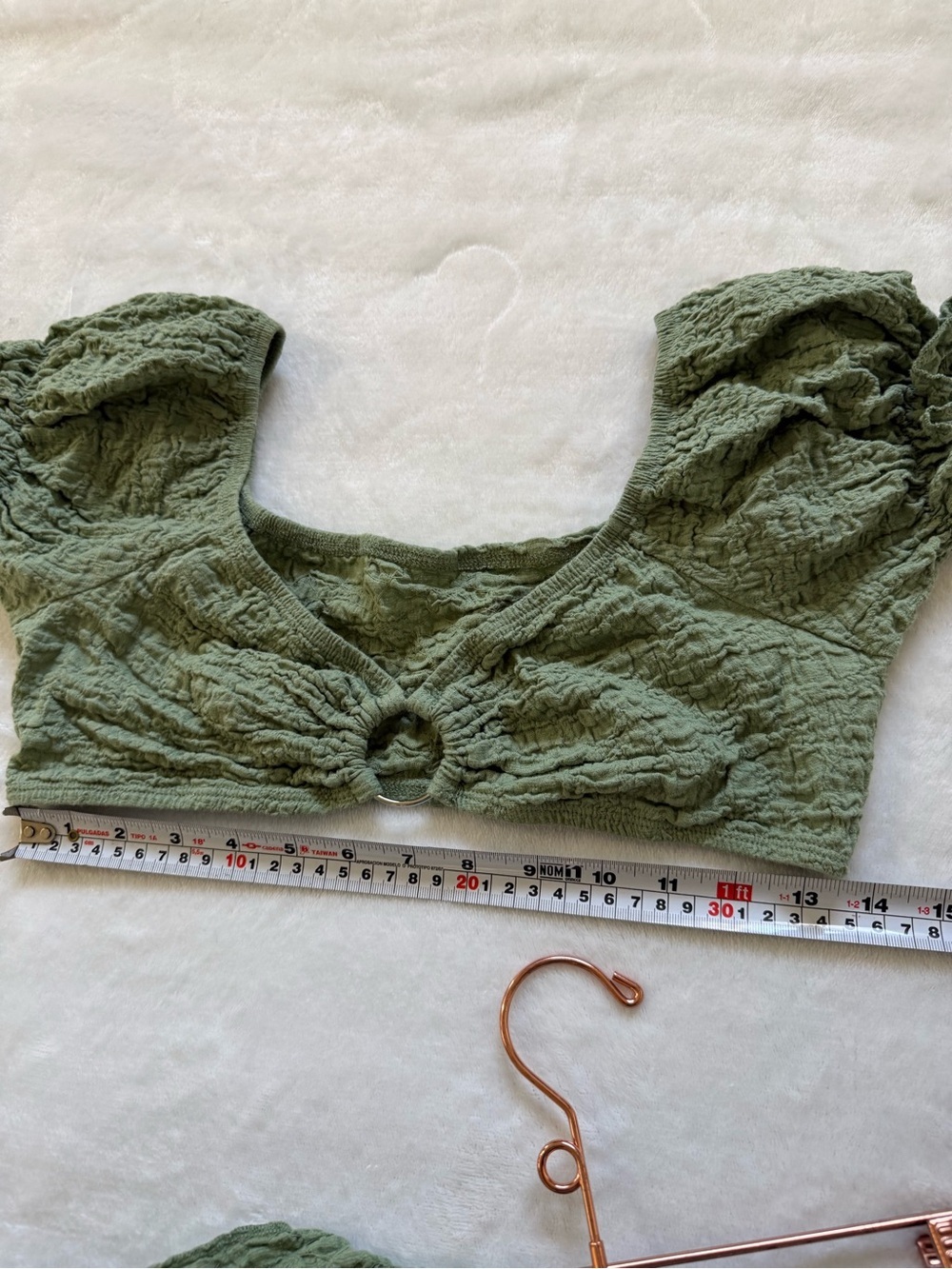 Sage Green Textured Two Piece Beach Set Wrap Skirt Puff Sleeve Top - Picture 8 of 11